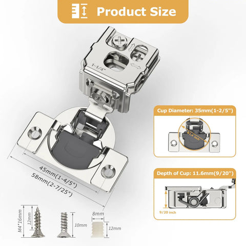 30 Piece One And One Quarter Inch Overlay Soft Close Cabinet Hinges Satin Nickel 105 Degree Face Frame Hidden Concealed Self Closing Hinges For Kitchen Cabinets Stainless Steel Three Way Adjustable Vertical Horizontal Depth, product dimensions shown including cup diameter and depth
