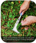 Hands using Crack Weeder Sawtooth Wave Manual Weeding Tool Stainless Steel Garden Scythe For Moss Cracks And Edges on grass