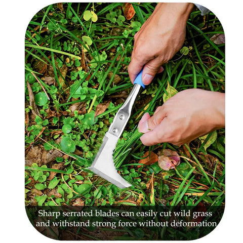 Hands using Crack Weeder Sawtooth Wave Manual Weeding Tool Stainless Steel Garden Scythe For Moss Cracks And Edges on grass