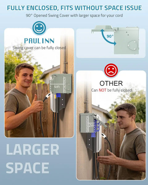 Heavy Duty Nema 14-50R EV Charging Outlet Box With Copper Contacts And Solid Brass Terminals For Straight Up Reliable Power Delivery No Fuss Drilling Required UL Certified Outdoor Garage Ready, swing cover function comparison.