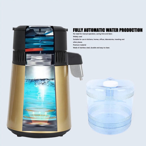 Smart Four Liter Automatic Water Distiller Featuring Heavy Duty Stainless Steel Chamber And 750W Heater for pure drinking water.