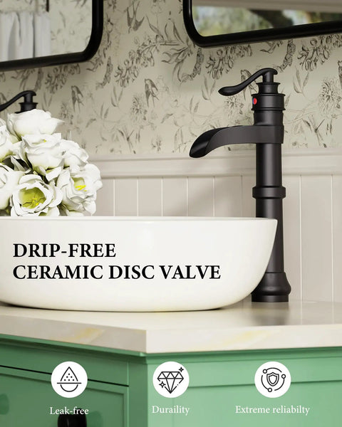 Matte Black Vessel Sink Faucet With Pop Up Drain Waterfall Style Farmhouse Single Hole Lavatory Tap Antique Bowl Look One Handle