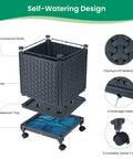 Diagram of Raised Garden Bed Planter With Trellis For Climbing Veggies And Tomatoes, features self-watering design and wheels.