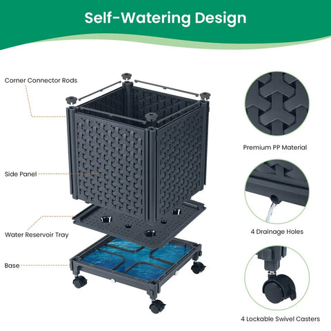 Diagram of Raised Garden Bed Planter With Trellis For Climbing Veggies And Tomatoes, features self-watering design and wheels.