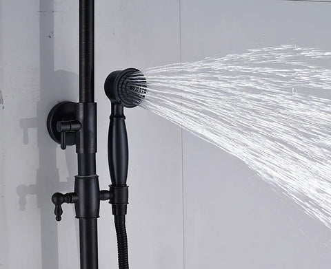 Oil Rubbed Bronze Rain Shower System With 8 Inch Round Overhead Rain Shower Head And Handheld Spray Dual Function 2 Knob Mixer Wall Diverter Adjustable Slide Bar 27.5 To 47 Inches For A Modern Dope Bathroom Setup showing handheld spray in use