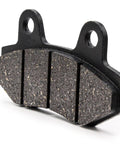 Close-up of rear disc brake pad for Gy6 scooters and mini bikes, featuring friction material and mounting holes.