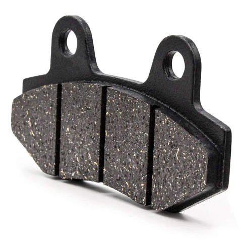 Close-up of rear disc brake pad for Gy6 scooters and mini bikes, featuring friction material and mounting holes.