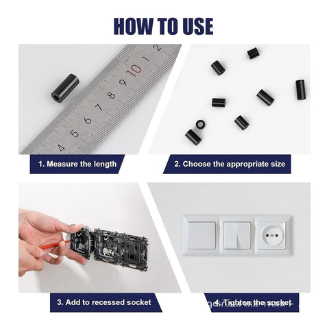345Pcs M3 Black Nylon Insulating Washers NonThreaded Round Flat Spacers For Power Sockets And Circuit Boards Electronic Component Anti Short Circuit Kit DIY Maker Friendly Set Perfect For Repair Projects Prototyping And Rapid Assembly For Electronics, shown with ruler and socket install steps