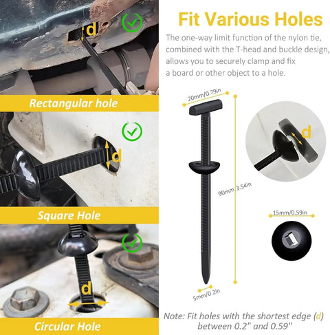 Heavy Duty Nylon Universal Cable Tie Buckles And Self Locking Zip Tie Clips demonstrating fit in various holes for cars