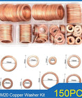 Top Notch Flat Copper Washers 150Pc Assortment Heat Resistant Oil Seal Gaskets For Auto Sump Plugs M6 M8 M10 M12 M14 M16 M18 Fits Cars With Organizer Box Keeps Engines Tight Dry Preventing Costly Breakdowns Works Great For Any Driver Fixing Ride. M6-M20 copper washer kit in organizer box