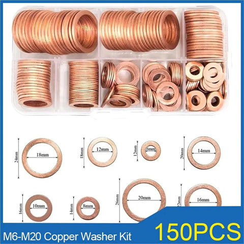Top Notch Flat Copper Washers 150Pc Assortment Heat Resistant Oil Seal Gaskets For Auto Sump Plugs M6 M8 M10 M12 M14 M16 M18 Fits Cars With Organizer Box Keeps Engines Tight Dry Preventing Costly Breakdowns Works Great For Any Driver Fixing Ride. M6-M20 copper washer kit in organizer box