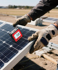 Rechargeable Digital Angle Finder Featuring Straight Up Tough V Shape Magnet And Auto Rotating Backlit Display in use on solar panel.