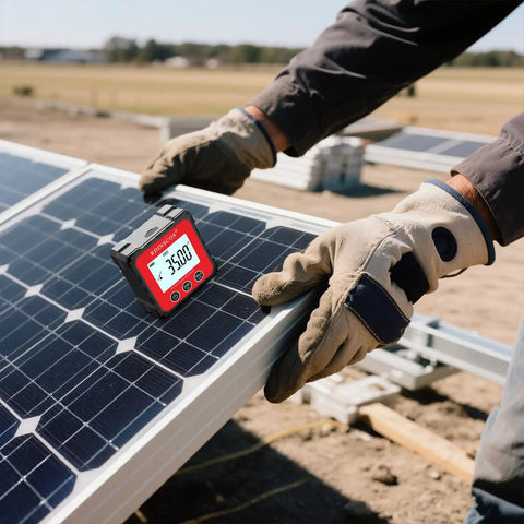 Rechargeable Digital Angle Finder Featuring Straight Up Tough V Shape Magnet And Auto Rotating Backlit Display in use on solar panel.
