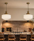 Vintage Brass Pendant Lamp With White Pleated Milk Glass Ceiling Fixture For Kitchen Island Hallway Bedroom Decor Antique Drum Chandelier in stylish kitchen setting.