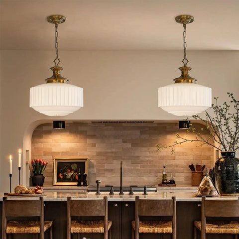 Vintage Brass Pendant Lamp With White Pleated Milk Glass Ceiling Fixture For Kitchen Island Hallway Bedroom Decor Antique Drum Chandelier in stylish kitchen setting.
