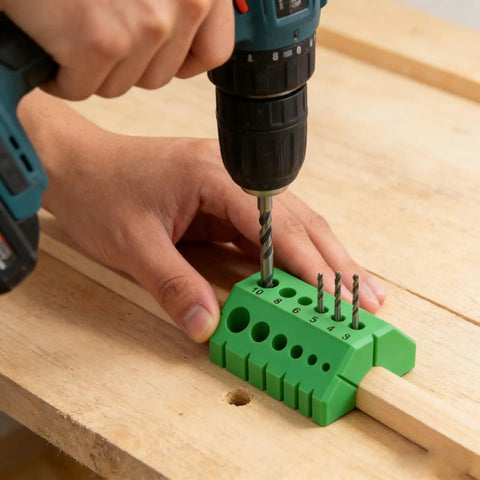 Premium Drill Guide Block For Dead On Straight Holes And Hella Accurate 45 And 90 Degree Angles in use with a drill on wood.