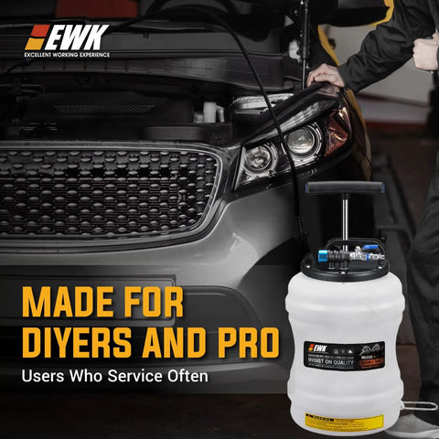 10.5 Liter Oil Extractor Pump For Engine Fluids Dual Manual And Pneumatic Power shown next to a car for DIY garage maintenance.
