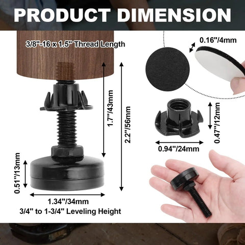 Adjustable Furniture Leveling Feet With T Nuts Anti Skid Pads Three Eighths Inch Sixteen Thread One And A Half Inch Length Heavy Duty Feet product dimensions shown with components.