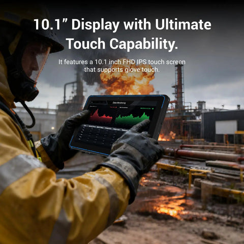 Top Tier ATEX Certified Explosion Proof Rugged Tablet 10 1 Inches Built Like A Tank For Hazardous Work Zones With Hella Tough Ip68 Shielding And Rock Solid Intel N5105 Specs Running Windows 11 in use with a gloved hand monitoring data.