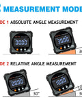 Digital Angle Finder With Laser And Magnetic Cube Protractor for Woodworking showing absolute and relative angle modes