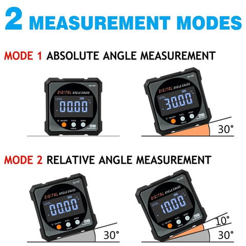 Digital Angle Finder With Laser And Magnetic Cube Protractor for Woodworking showing absolute and relative angle modes