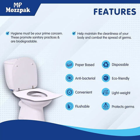 Infographic of flushable toilet seat covers describing features like eco-friendly, disposable, large size, and germ protection.