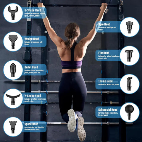 Woman exercising with interchangeability of 9 massage heads for Heated Massage Gun With Heat Head For Deep Tissue Muscle Relief.