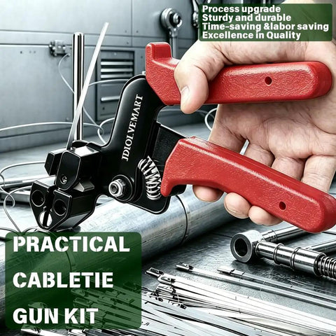 155 Piece Heavy Duty 304 Stainless Steel Cable Tie Gun Kit with red handles in use