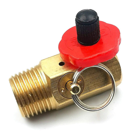 Heavy Duty Brass Air Tank Manifold Replacement Kit With 130 Psi Pop Off Safety Valve And Relief Bypass shown from the side.