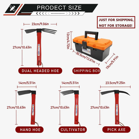 4 Piece Garden Tool Set With 10.6 Inch Wooden Handles For Digging, Weeding, Cultivating, And Soil Loosening, Includes Pick Axe, Hoe, Rake