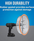 AHC 10 Pro Round Hole Saw Cutter With Dust Shield and Case showing rubber gasket for surface protection with drill attachment.