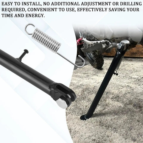 Stainless Steel Dirt Bike Stand With Spring, Motorcycle Side Kickstand installed under a bike, Mini Bike Accessories shown