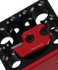 Close-up of Heavy Duty Adjustable Dowel Cutter Jig For Drill with carbide blades and 8 aluminum holes for precise wood cutting.