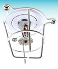 Heavy Duty Chrome Fire Sprinkler Head Guard Cage With Bulletproof Coverage And Foolproof Ceiling Installation For Flush Sidewall Or Semi Recessed Pipes Easy No Fuss Setup For One Half And Three Quarter Inch Heads Single Pack from below, showcasing protective chrome cage.
