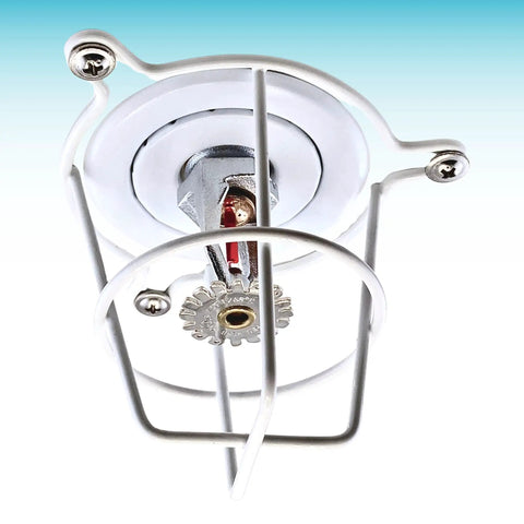 Heavy Duty Chrome Fire Sprinkler Head Guard Cage With Bulletproof Coverage And Foolproof Ceiling Installation For Flush Sidewall Or Semi Recessed Pipes Easy No Fuss Setup For One Half And Three Quarter Inch Heads Single Pack from below, showcasing protective chrome cage.