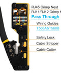 Front view of All In One Pass Through RJ45 Crimp Tool Kit for Ethernet Cabling Cat5 Cat5e Cat6 With 50 RJ45 connectors, showing features.
