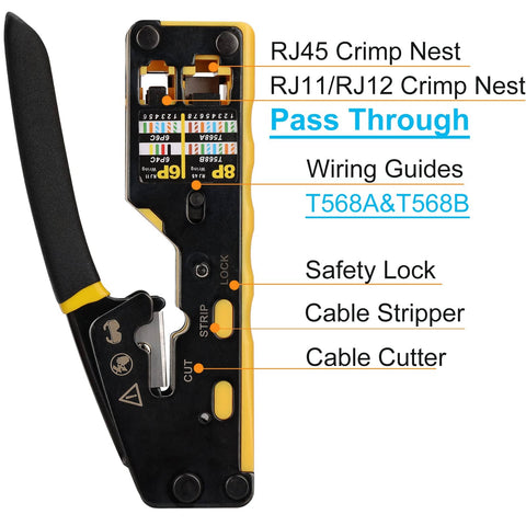 Front view of All In One Pass Through RJ45 Crimp Tool Kit for Ethernet Cabling Cat5 Cat5e Cat6 With 50 RJ45 connectors, showing features.