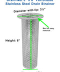 Diagram of Rugged Heavy Duty 3 Inch Floor Drain Strainer For Commercial Kitchens And Industrial Facilities 8 Inch Tall Perforated Stainless Steel Debris Guard With Lip Rim And One Eighth Inch Holes To Trap Debris And Prevent Clogs