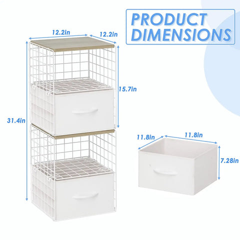 Two Pack Stackable Closet Storage Drawers With Wooden Top And Adjustable Dividers White Fabric Drawer Organizers Modular Storage Bins
