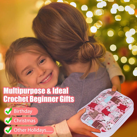 Child holding 85-Piece Crochet Hooks Kit With Case, ergonomic hooks, stainless aluminum, ideal gift for beginners and pros.