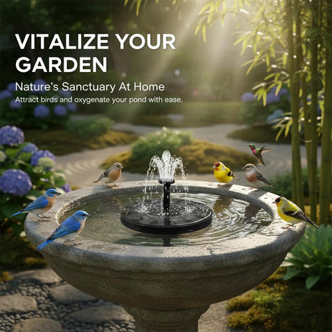 Floating Solar Fountain With Six Nozzles For Bird Bath And Garden Decor A Sun Powered Water Pump For Pond Pool And Outdoors No Wiring Needed Eco Friendly Auto Start In Direct Sun Easy Setup Keeps Water Moving in a stone bird bath surrounded by colorful birds in a garden setting.