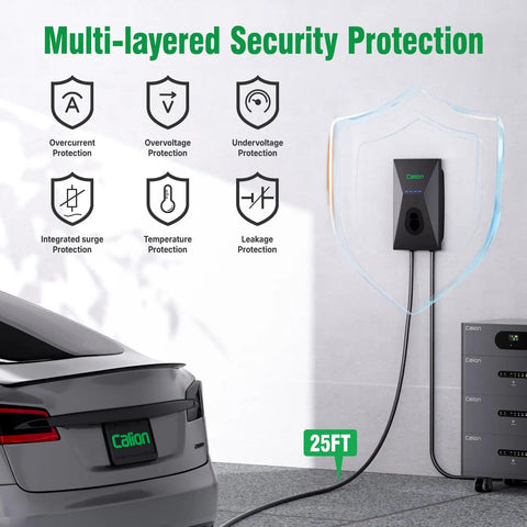 Level 2 EV Charger Wall Mount With 25 Foot Cable, 50 Amp 240 Volt Fast Charging For J1772 EVs, WiFi Enabled Electric Vehicle Charging Station, Hardwired Or Plug In, Home Garage Ready displayed on a wall with icons for overcurrent, overvoltage, undervoltage protection and connected to an electric car