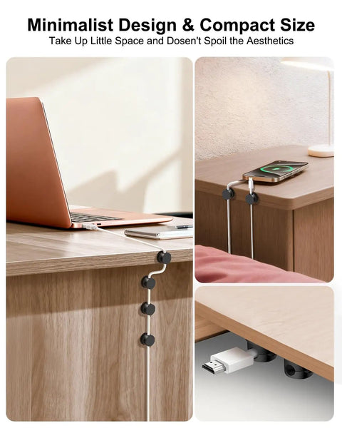 12 Pack 360 Degree Rotatable Spring Cable Clips With 1 Second Lock seen installed on desk and nightstand managing cables neatly.