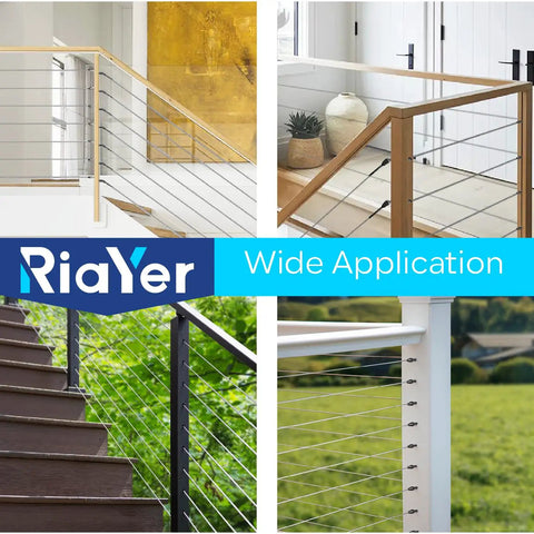 Black QuickLock Deck Wire Railing Kit with T316 stainless steel tensioners on wood posts, shown in various applications
