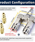 All In One 2 Way Air Hose Splitter Kit With One Quarter Inch NPT Male Quick Connect Adapters 360 Degree Swivel Nickel