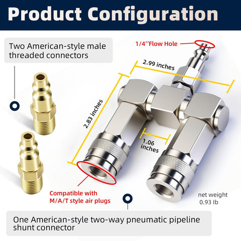 All In One 2 Way Air Hose Splitter Kit With One Quarter Inch NPT Male Quick Connect Adapters 360 Degree Swivel Nickel