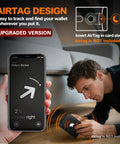 Man using phone to locate Ultra Slim RFID Blocking Bifold Wallet For Men With Carbon Fiber Look, showing AirTag design feature.