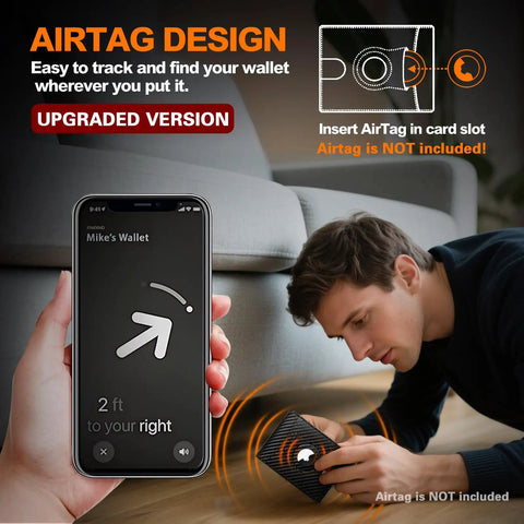 Man using phone to locate Ultra Slim RFID Blocking Bifold Wallet For Men With Carbon Fiber Look, showing AirTag design feature.
