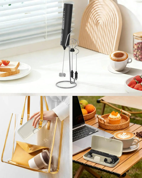 Rechargeable Handheld Milk Frother With Stand, USB C Charge, 3 Speeds And 3 Heads, Travel Case Included.