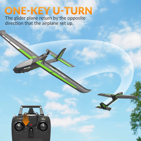 Stunt Ready To Fly 4 Channel RC Plane Ranger600 Glider with 2.4Ghz Control performing a u-turn in the sky with controller shown.